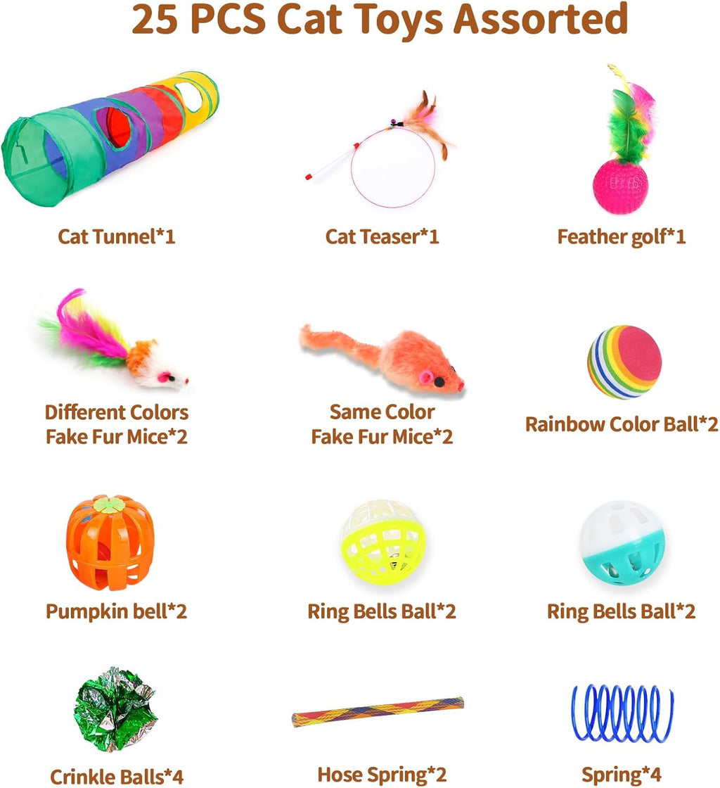 25 Pcs Cat Toys Set, Cat Tunnel Toy for Indoor Cats, Kittens | Interactive Variety Pack, 45" Rainbow Cat Tunnel, Feather Teaser, Feather Golf, Mice, Springs, Balls, Noise Toys - Colorful