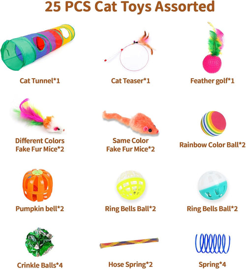 25 Pcs Cat Toys Set, Cat Tunnel Toy for Indoor Cats, Kittens | Interactive Variety Pack, 45" Rainbow Cat Tunnel, Feather Teaser, Feather Golf, Mice, Springs, Balls, Noise Toys - Colorful