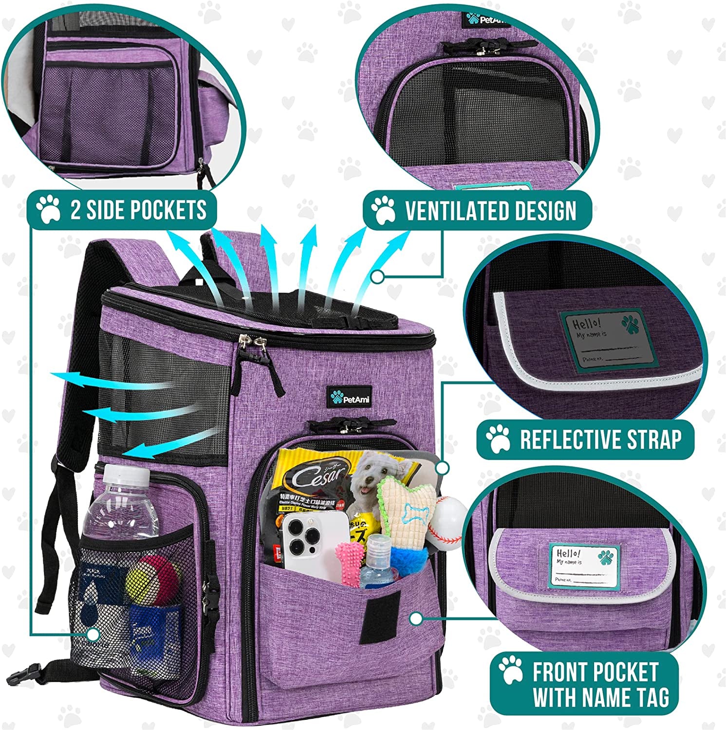 Dog Backpack Carrier, Airline Approved 4-Way Entry Cat Backpack Carrier, Ventilated Mesh, Collapsible Pet Carrier for Small Puppy, Kitten, Hiking, Travel Car, Vet, up to 18 Lbs, Purple