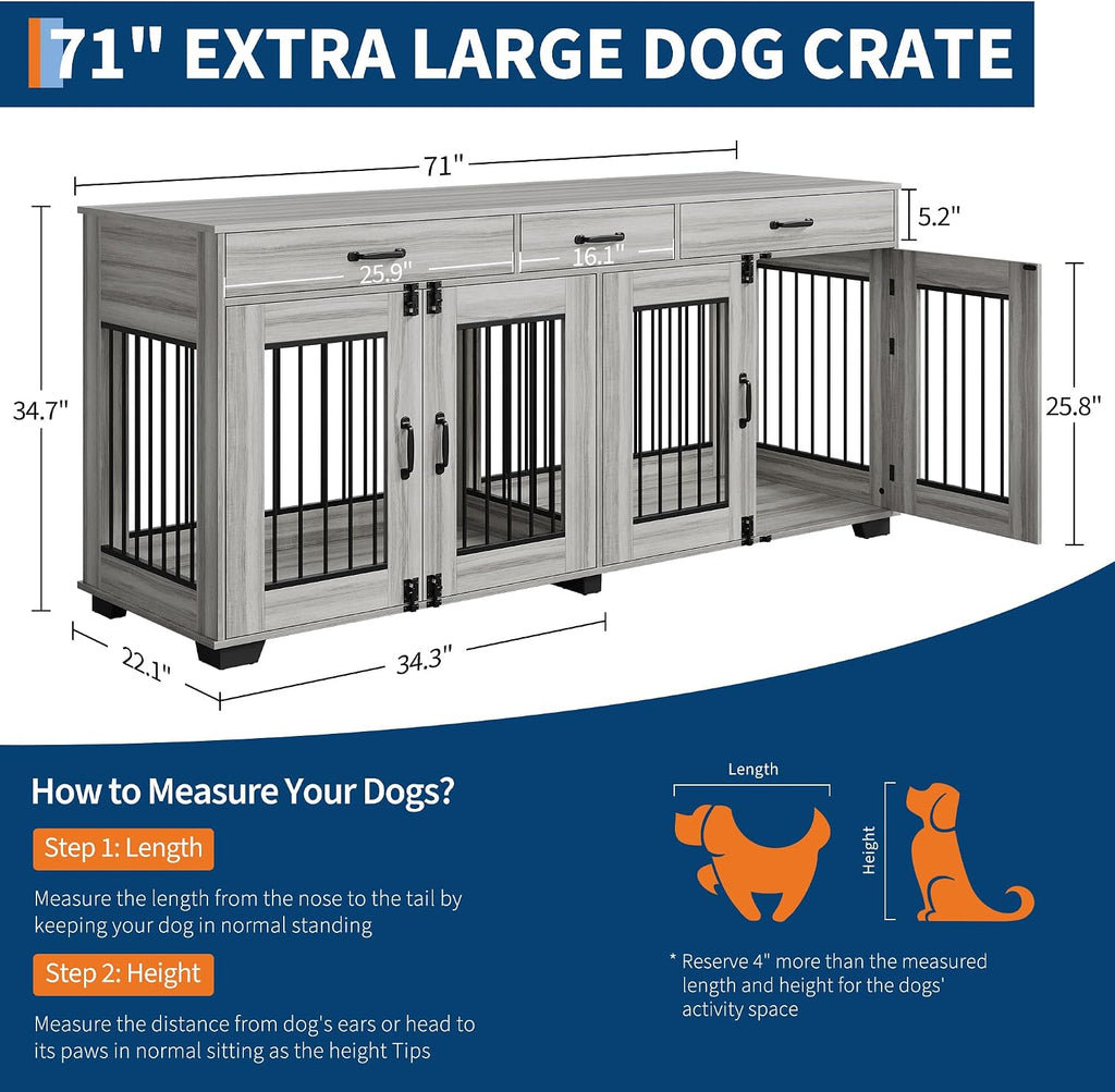71'' Dog Crate Furniture, Double Wooden Dog Crate for 2 Dogs, Heavy Duty Dog Kennel Furniture as TV Stand with Divider for Small/Medium/Large Dogs