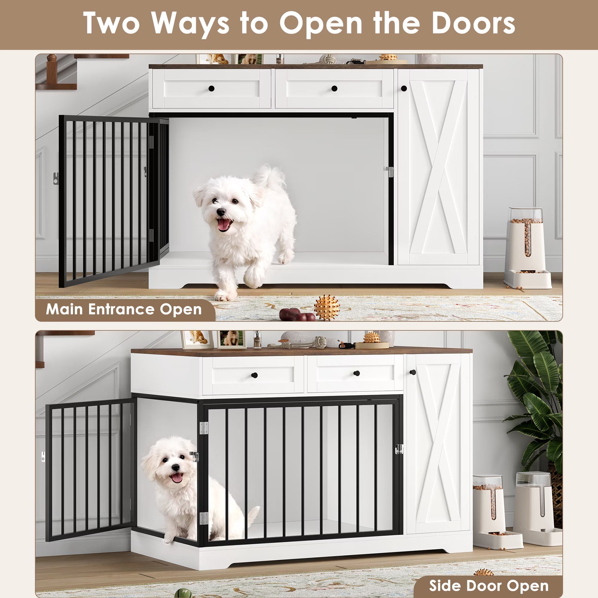 Dog Crate with Storage Cabinet and 2 Drawers, Indoor Furniture Style Wooden Large Dog Kennel, White