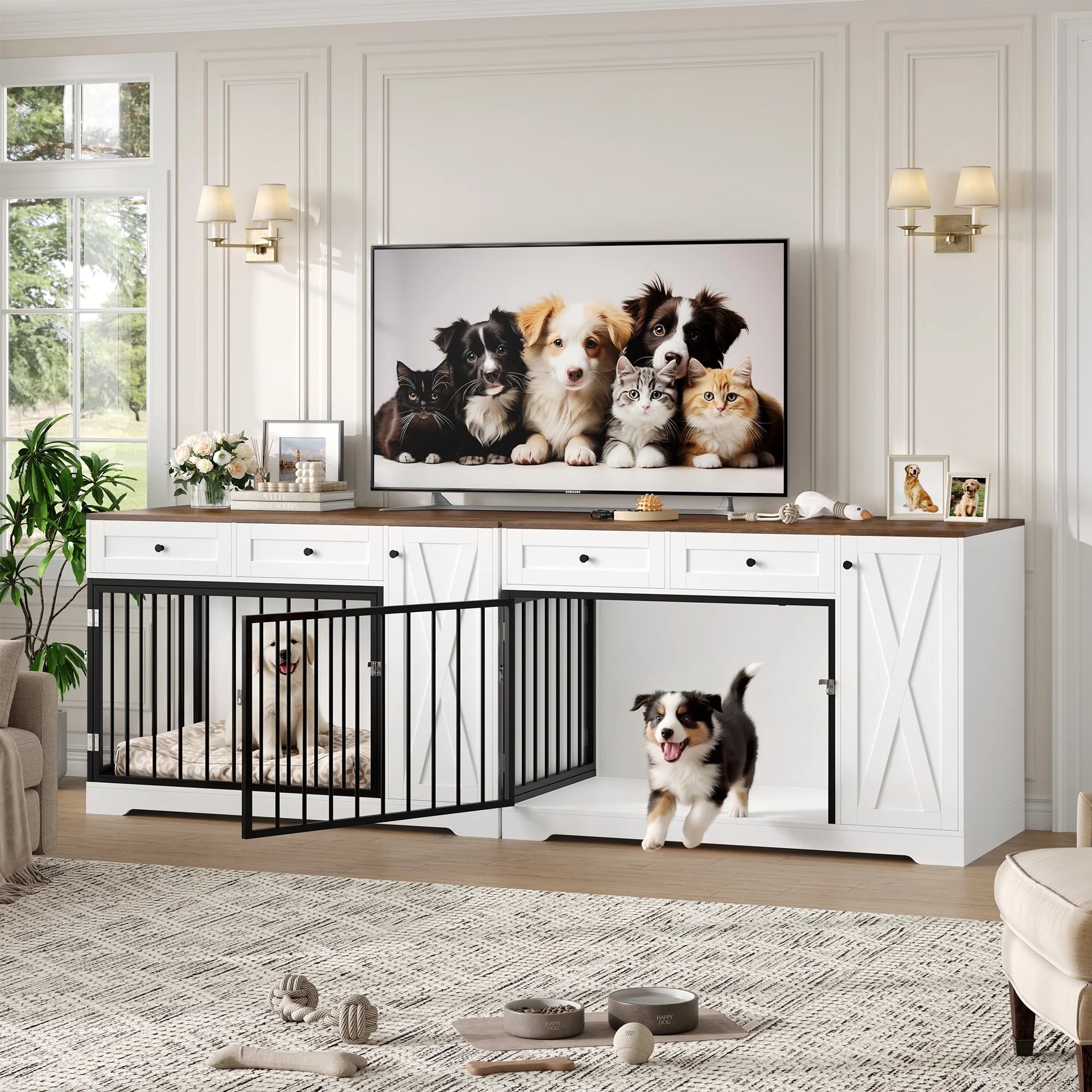Dog Crate with Storage Cabinet and 2 Drawers, Indoor Furniture Style Wooden Large Dog Kennel, White