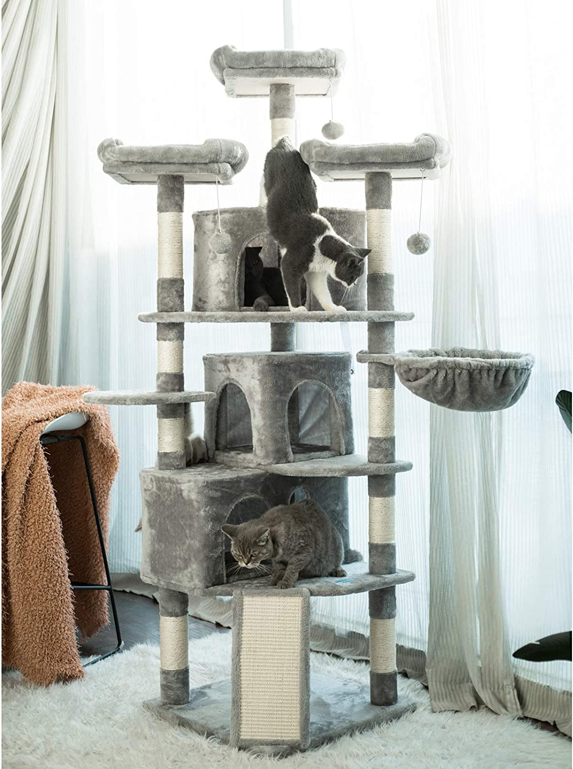 Cat Tree Tower with Multi-Level Large Condo, Platform, MPJ032W | 73.4 Inch Cat Tower with 3 Caves, 3 Cozy Perches, Scratching Posts, Board, Activity Center Stable for Indoor Cats, Light Gray