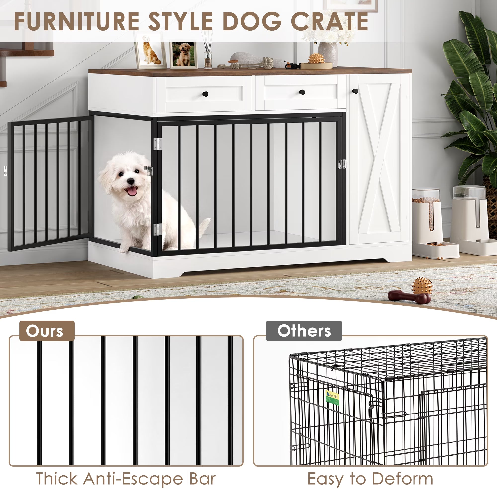 Dog Crate with Storage Cabinet and 2 Drawers, Indoor Furniture Style Wooden Large Dog Kennel, White