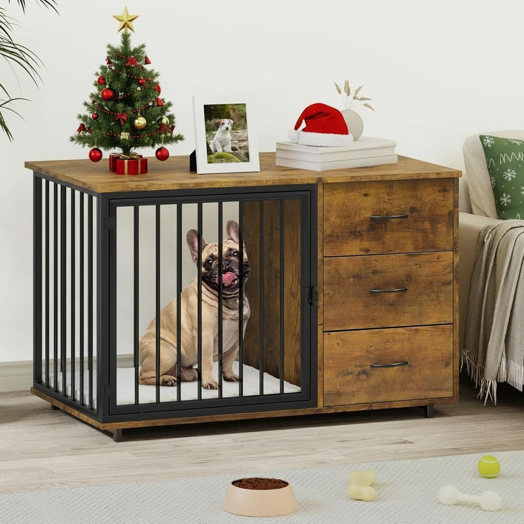 46" Dog Crate Furniture with Hidden Dog Feeders & 2 Drawers | Stylish Dog Kennel End Table, Indoor Pet Cage Dog House for Medium Small Dogs, Brown