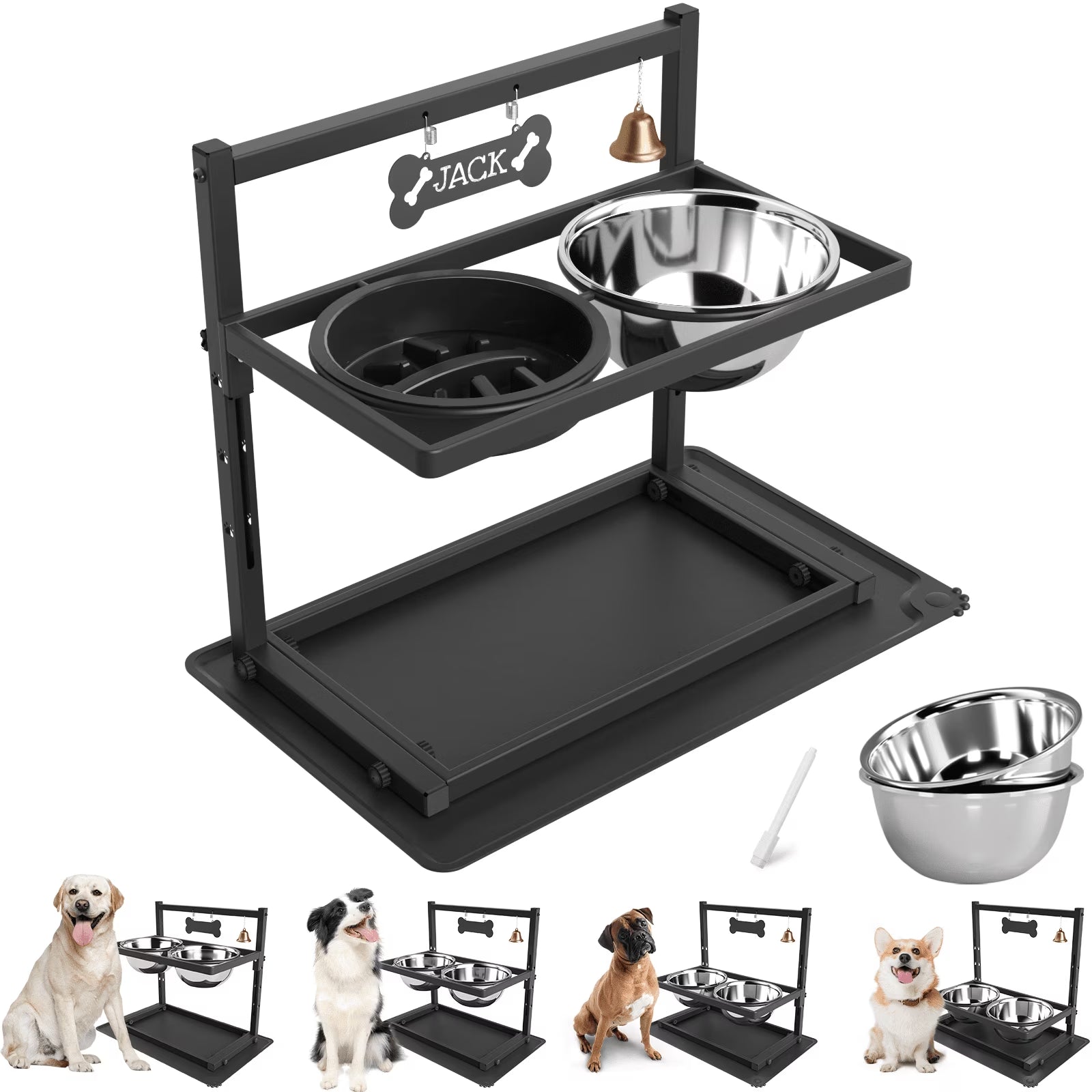 Adjustable Height Elevated Dog Bowls with Slow Feeder and Two 1.7L (60Oz) Stainless Steel Bowls for Large Medium Dogs
