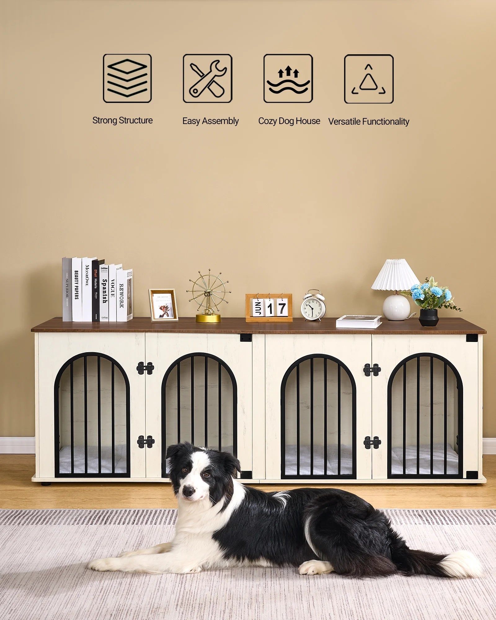 Dog Crate Furniture, 71" Heavy Duty Dog Kennels with Divider, Pads, Side Table, TV Cabinet