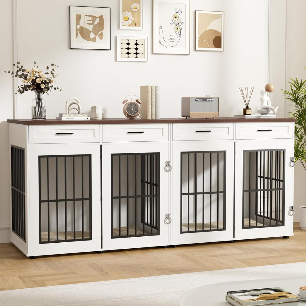 86.7 in Dog Crate Furniture for 2 Dogs, Extra Large Double Dog Cage Furniture TV Stand with Removable Divider, Wooden Dog Kennel Indoor, XXL Thick Dog Crate for Large Medium Dogs, White/Brown
