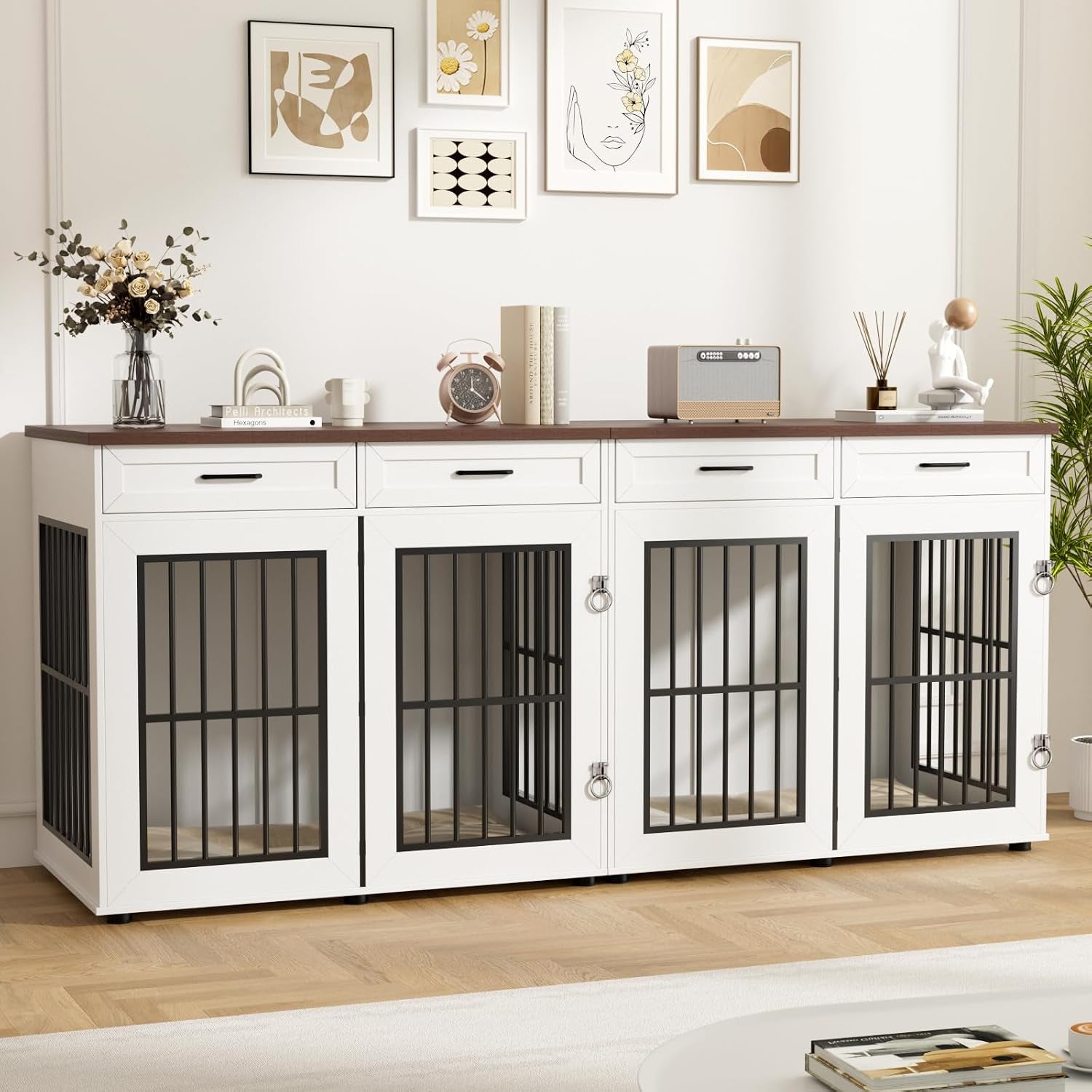 86.7 in Dog Crate Furniture for 2 Dogs, Extra Large Double Dog Cage Furniture TV Stand with Removable Divider, Wooden Dog Kennel Indoor, XXL Thick Dog Crate for Large Medium Dogs, White/Brown
