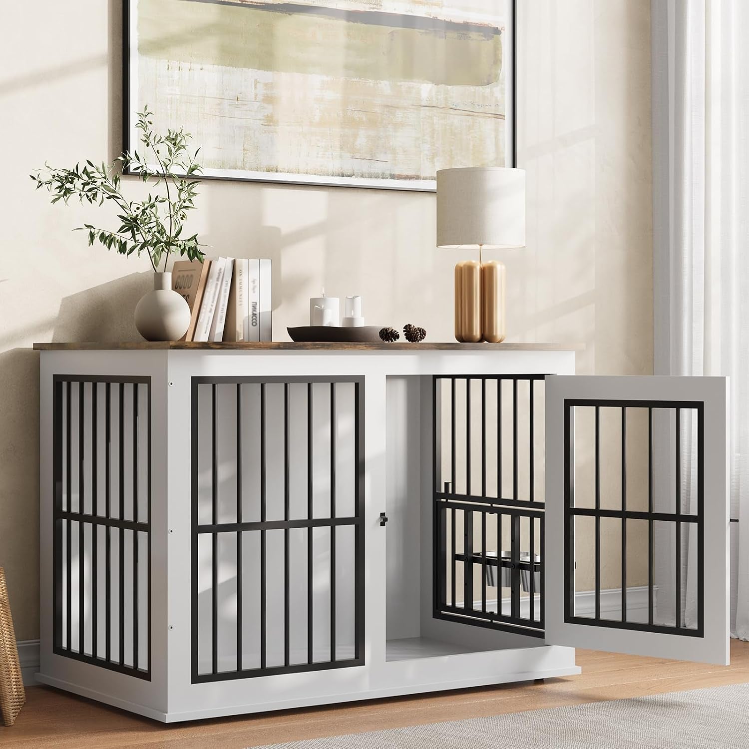 Dog Crate Furniture with Liftable Top, 40" White Wooden Dog Kennel End Table, Heavy Duty Pet Cage for Large Medium Dogs, 200Lb Capacity White