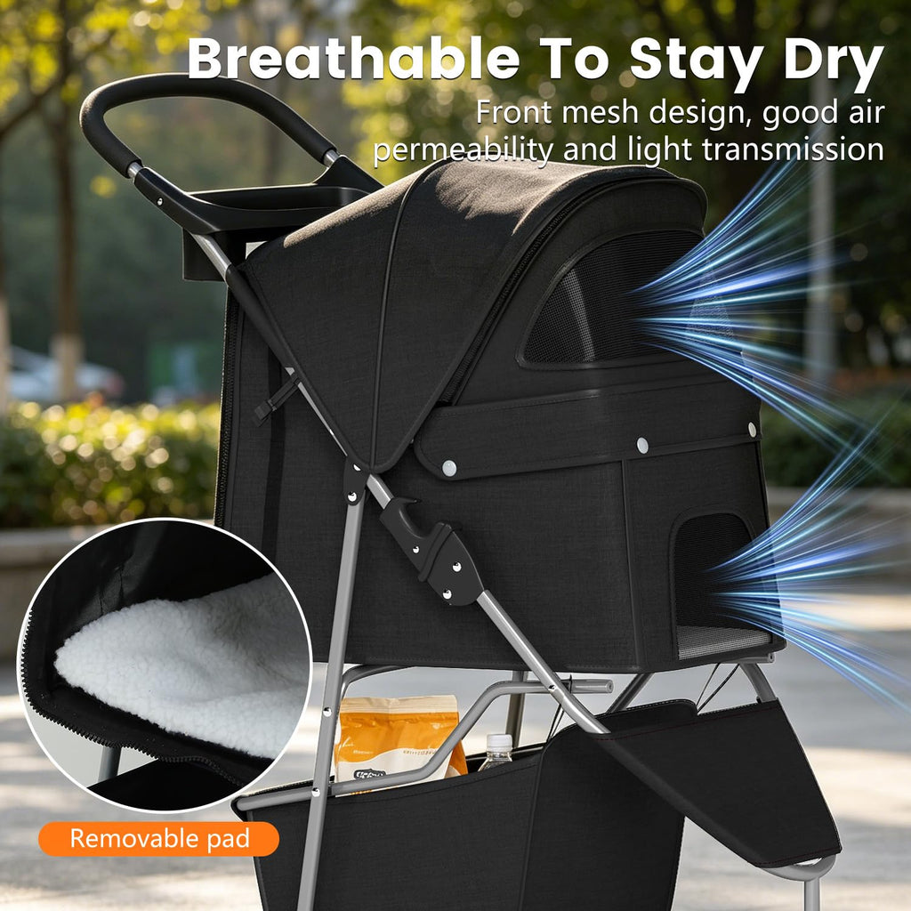 | 3-Wheel Pet Stroller | Dog and Cat Stroller | Breathable Mesh | Lightweight Travel Carrier | Waterproof & Foldable Design | Storage Basket | Black | for Daily Walks & Outdoor Use | Breathable Mesh | Lightweight, Waterproof Travel Carrier with Cup Holder & Storage Basket | for Daily Walks & Outdoor Use