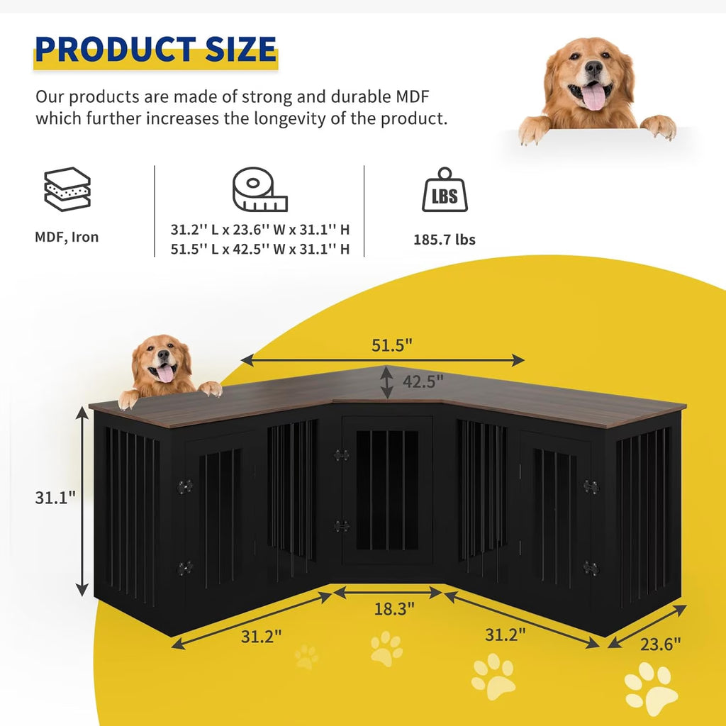 113" Large Dog Crate Furniture for 3 Dogs, Corner Dog Crate with Divider, Wooden Indoor Dog Kennel Furniture, Dog Crate Cage for Large Medium Small Dogs, Combined in 3 Ways