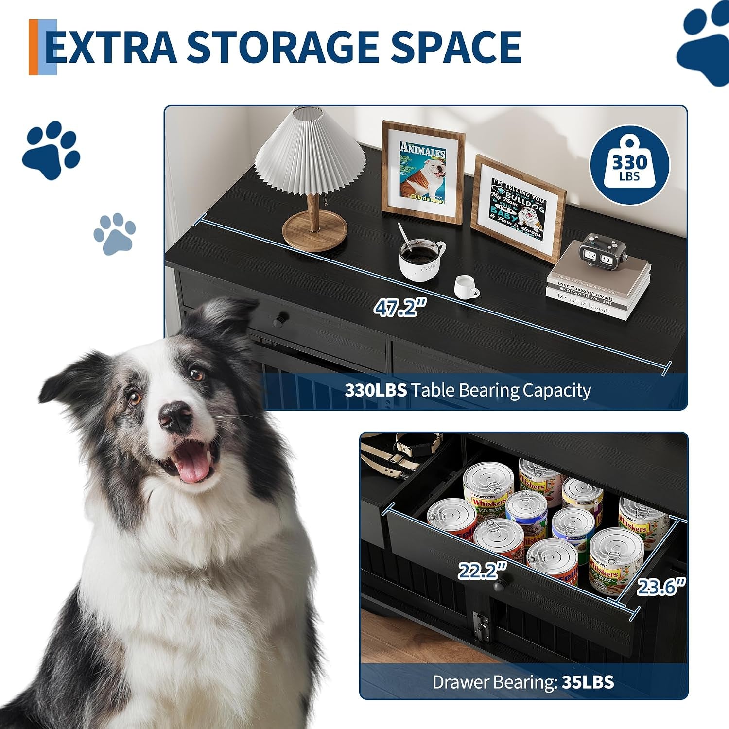 Dog Furniture Crate, 47" Large Dog Crate Furniture W/ 2 Storage Draws & Removable Divider for Large/Medium/Small Dogs