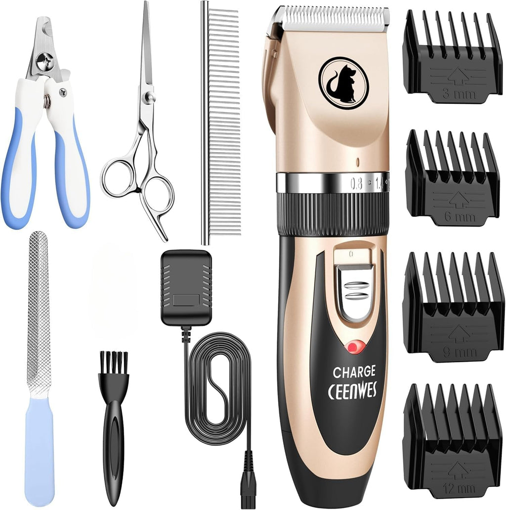 Dog Clippers Low Noise Pet Clippers Rechargeable Trimmer Cordless Grooming Tool Professional Dog Hair Trimmer with Comb Guides Scissors for Dogs Cats & Others（Gold）