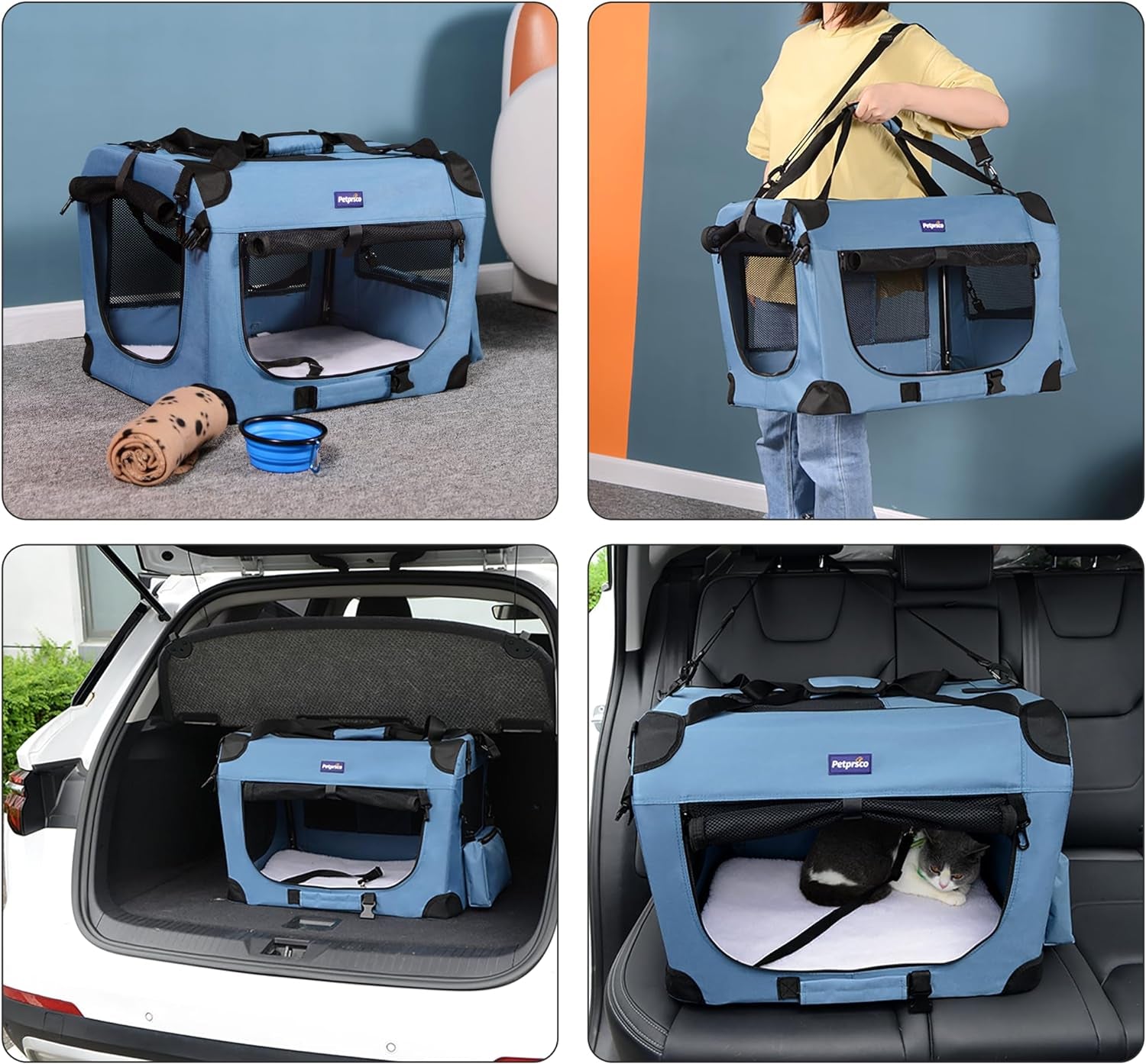 Portable Collapsible Dog Crate, 24" Soft Dog Crate for Car Travel | Includes Mat, Blanket & Bowl, Strong Fabric, 4-Sided Mesh Vents, 3 Doors, Fit Small Dogs & Large Cats Indoor and Outdoor Use