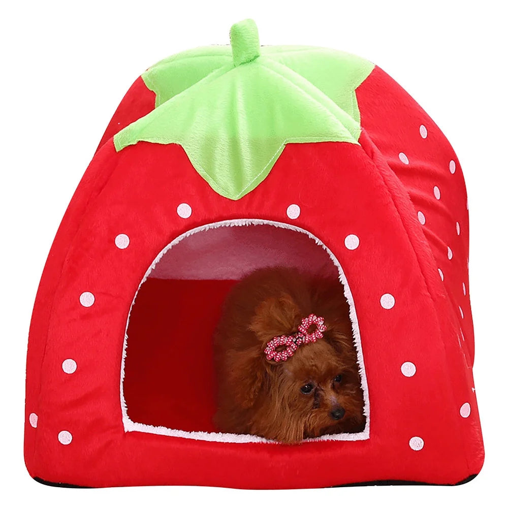 CHGBMOK Winter Cat Houses for Indoors Cute Strawberry Yurt Padded Fold Tent Pet Dog Gate