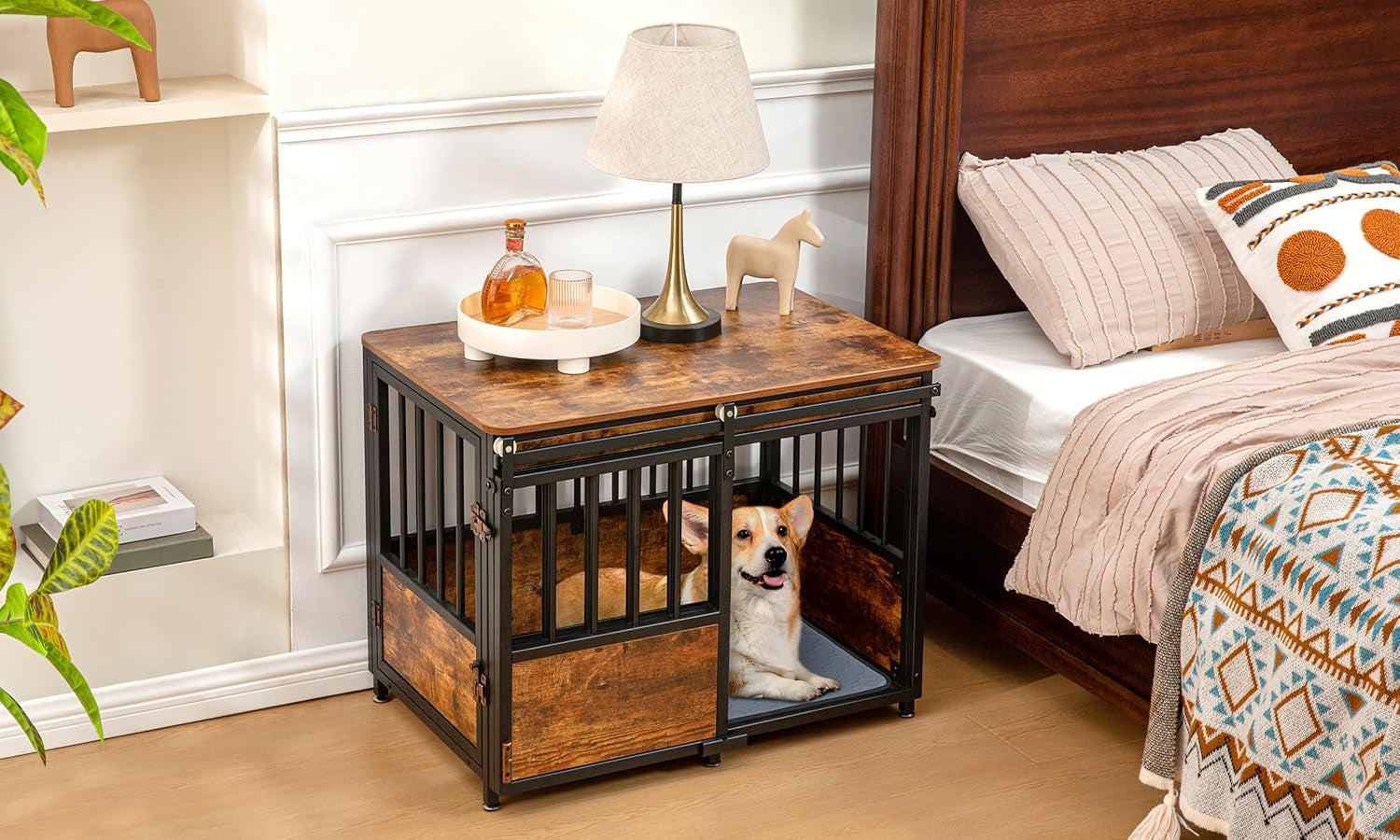 32" Dog Crate Furniture with Cushion, Heavy Duty for Medium Dogs | Wooden Dog Kennel with Double Doors, Decorative Pet House Dog Cage Side End Table Indoor, Sliding Door Chew-Resistant
