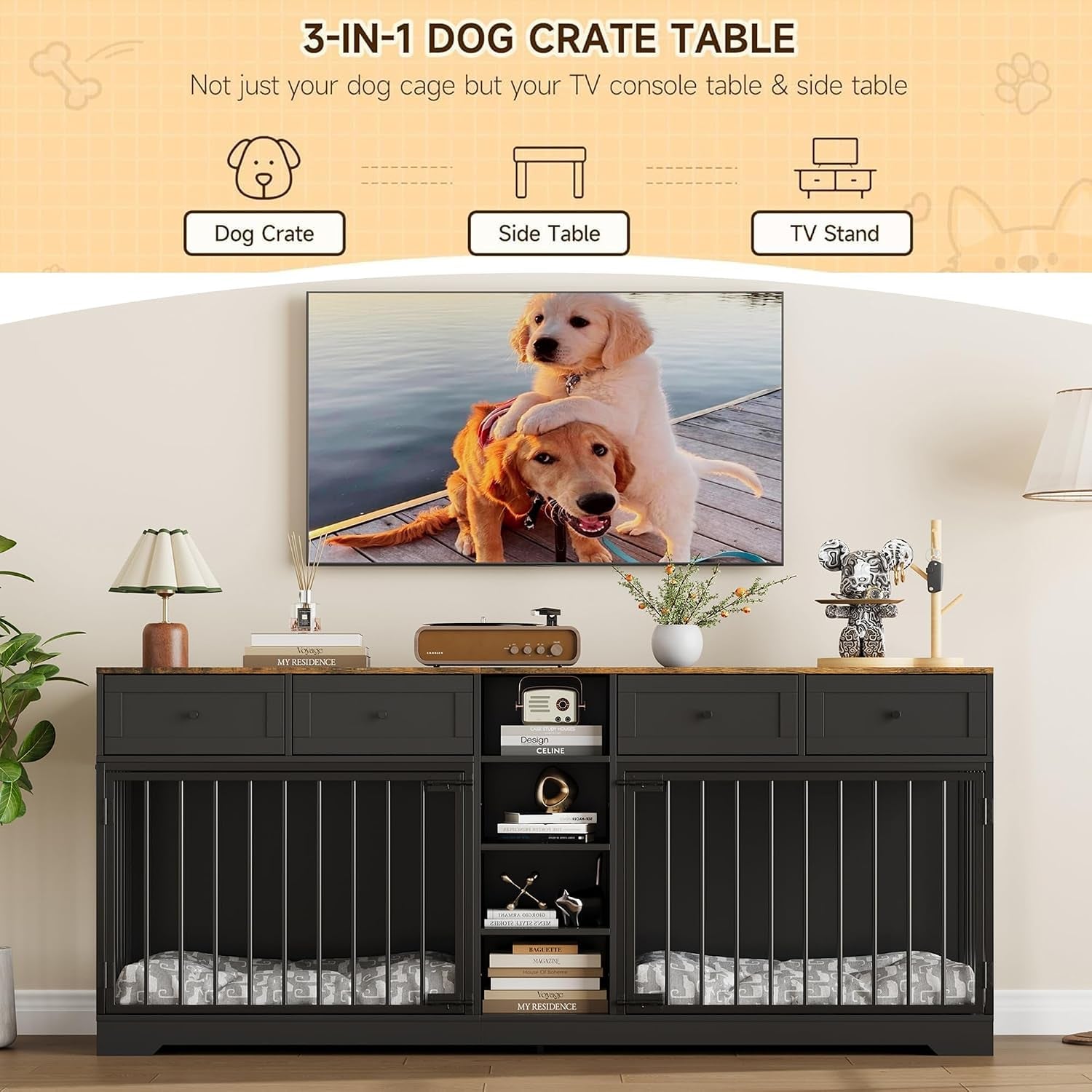 82" Double Dog Crate Furniture with Drawers and Shelves, Black | Heavy Duty Wooden Dog Crate TV Stand, Large Dog Kennel Indoor for 2 Medium/Large Dogs