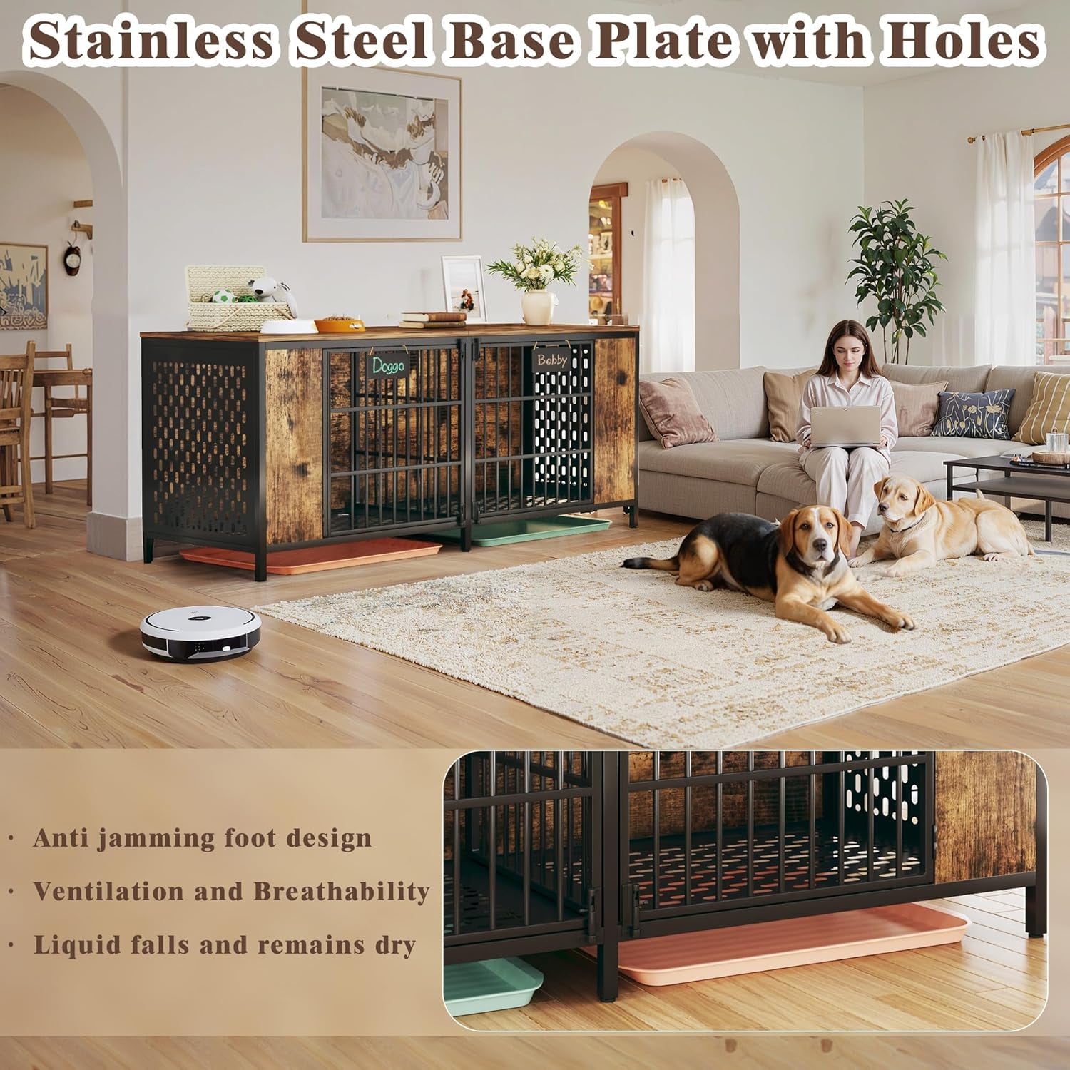 63" Large Double Dog Kennel Furniture for 2 Dogs – Extra Sturdy XXL Metal & Wooden Medium Dog Cage with Removable Divider, Dual Doors & Name Tags – Indoor/Outdoor Crate for Large Breeds