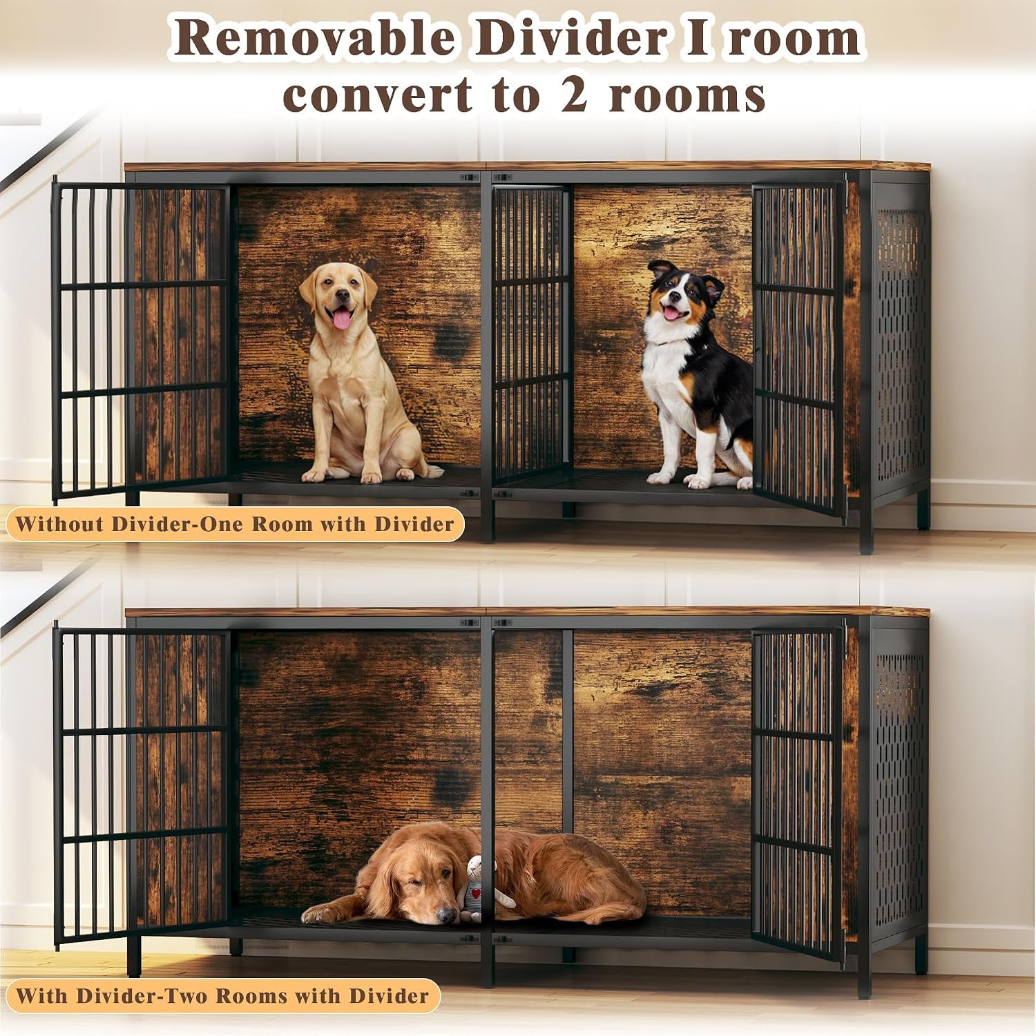 63" Large Double Dog Kennel Furniture for 2 Dogs – Extra Sturdy XXL Metal & Wooden Medium Dog Cage with Removable Divider, Dual Doors & Name Tags – Indoor/Outdoor Crate for Large Breeds