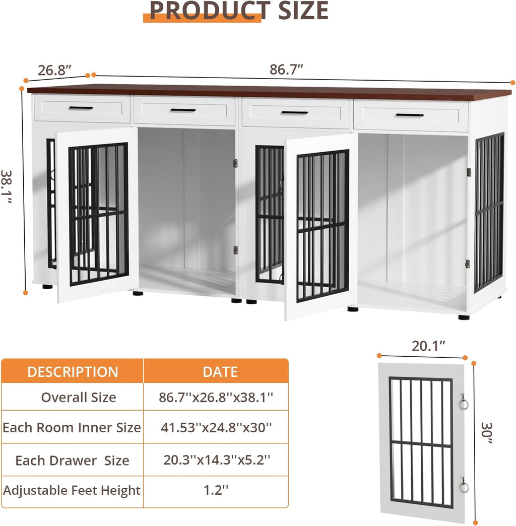 86.7 in Dog Crate Furniture for 2 Dogs, Extra Large Double Dog Cage Furniture TV Stand with Removable Divider, Wooden Dog Kennel Indoor, XXL Thick Dog Crate for Large Medium Dogs, White/Brown