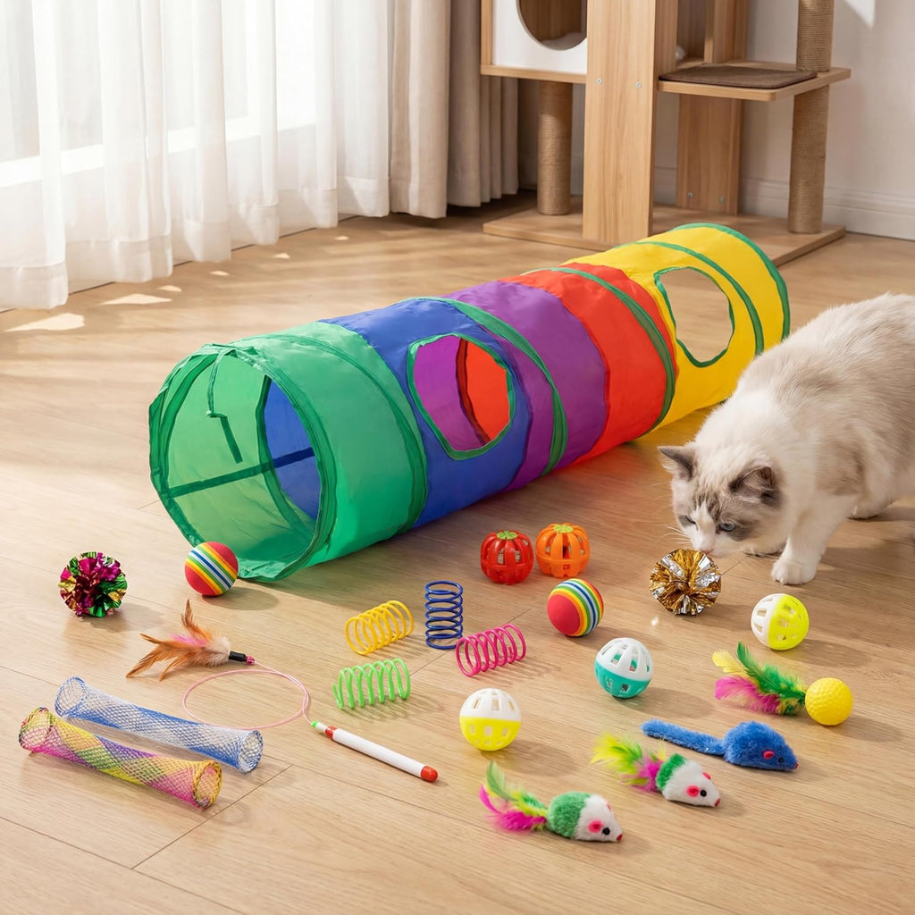 25 Pcs Cat Toys Set, Cat Tunnel Toy for Indoor Cats, Kittens | Interactive Variety Pack, 45" Rainbow Cat Tunnel, Feather Teaser, Feather Golf, Mice, Springs, Balls, Noise Toys - Colorful