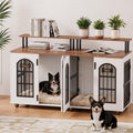 63" Dog Crate Furniture for 2 Dogs, Heavy Duty Indoor Dog Kennel for Medium/Large Dogs, Wooden Dog Cage with Removable Divider, 6 Lockable Wheels, Storage Compartment, White