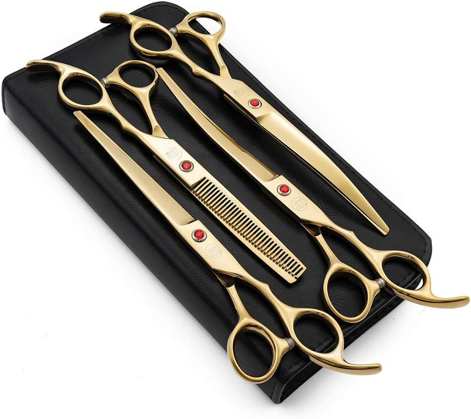 Professional 7" Dog Grooming Scissors Set 4PCS, Gold | Straight, Upward Curved, Downward Curved, Thinning/Blending Shears for Dog, Cat and Pets, JP Stainless Steel
