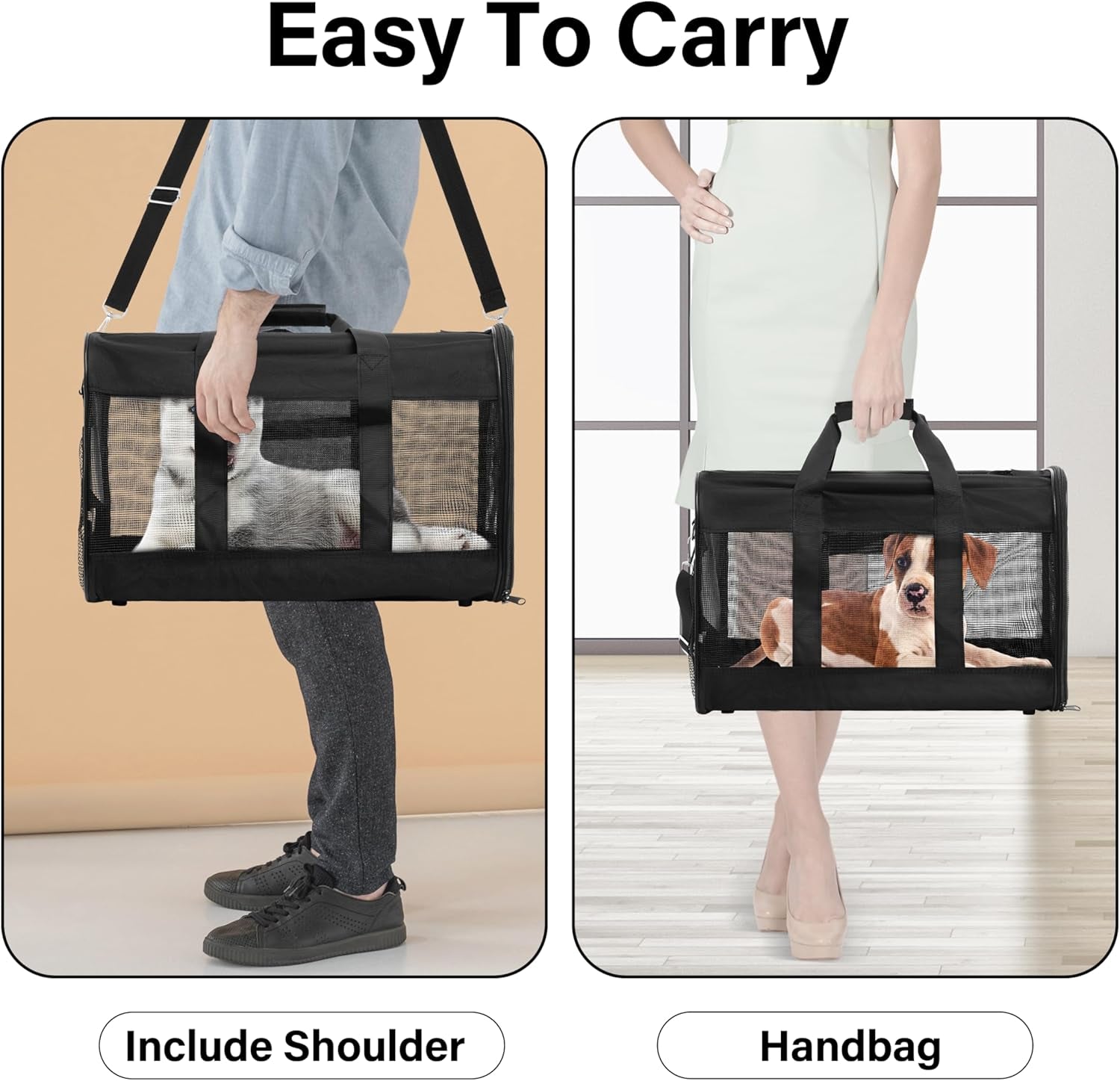 Pet Travel Carrier Soft Sided Portable Bag for Cats, Small Dogs, Kittens or Puppies, Collapsible, Durable, Airline Approved, Travel Friendly (Grey, 17.0" L X 10.0" W X 11.0" H) (Black)