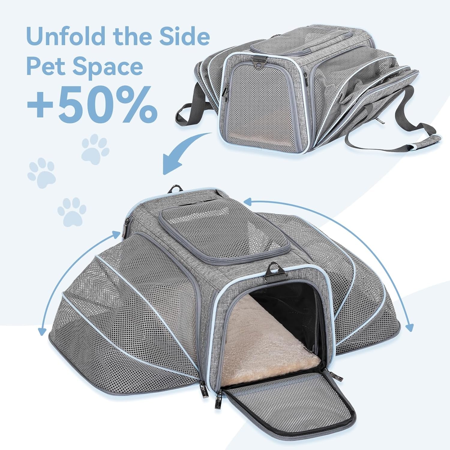 Small Double Expandable Cat Carrier for Kittens and Air Travel | 16 X 10 X 9 In; Sized for Alaska Airlines, with Locking Zippers, an Interior Safety Tether and Multi-Side Ventilation.