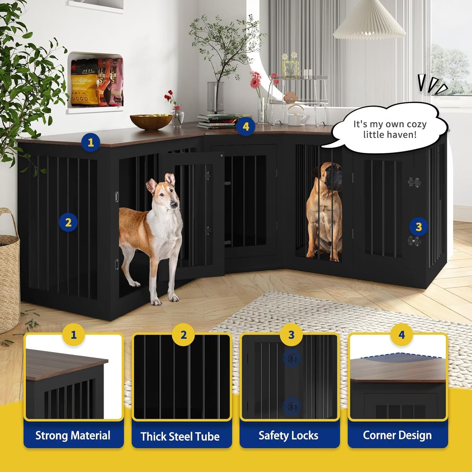 113" Large Dog Crate Furniture for 3 Dogs, Corner Dog Crate with Divider, Wooden Indoor Dog Kennel Furniture, Dog Crate Cage for Large Medium Small Dogs, Combined in 3 Ways
