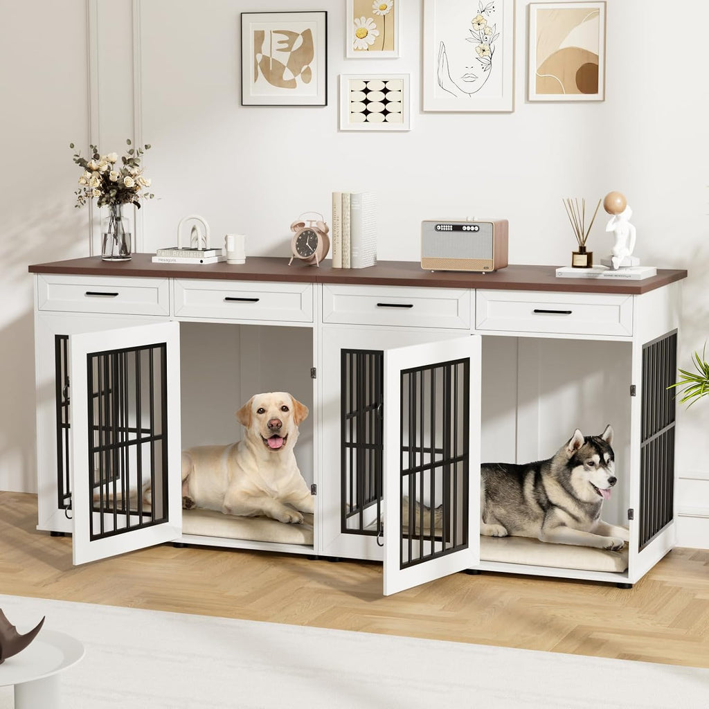 86.7 in Dog Crate Furniture for 2 Dogs, Extra Large Double Dog Cage Furniture TV Stand with Removable Divider, Wooden Dog Kennel Indoor, XXL Thick Dog Crate for Large Medium Dogs, White/Brown