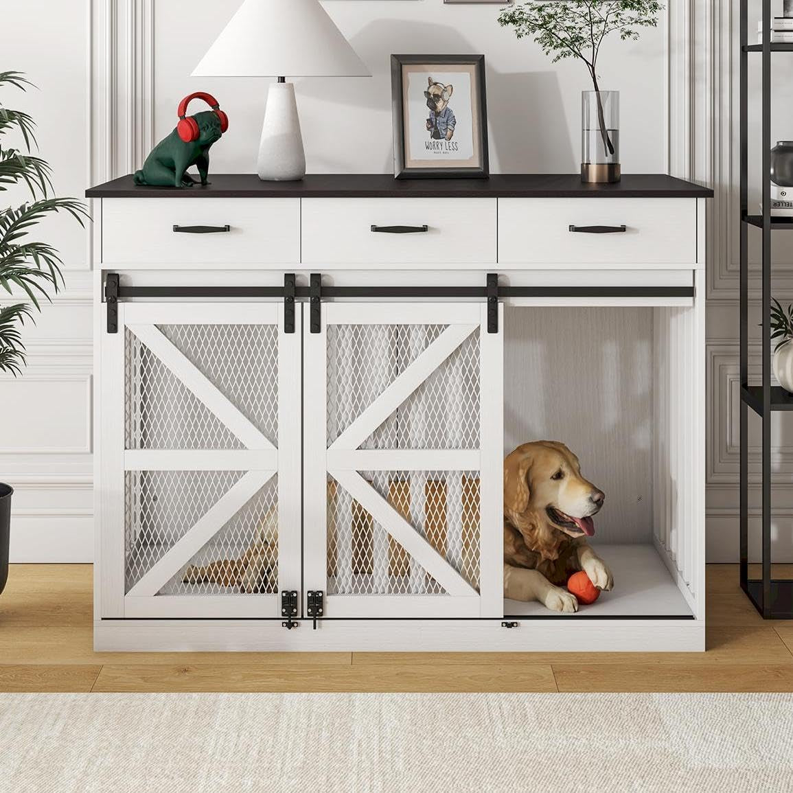 Large Dog Crate Furniture with Sliding Barn Door, 48" Wooden Dog Kennel Indoor End Side Table for Home Decor, Removable Divider, 3 Drawers, Furniture Style Dog Crate TV Stand