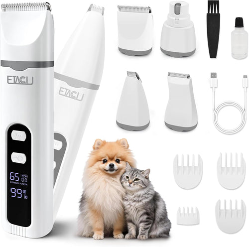 4 in 1 Dog Clippers Grooming Kit with LED Display, Cordless Dog Quiet Hair Trimmer for Paw Nail Grinder, Rechargeable 2-Speed Cat Clippers Face Shaver for Paw Nail Body Ear