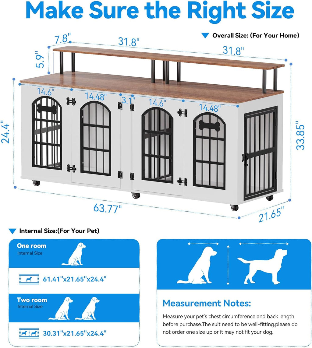 63" Dog Crate Furniture for 2 Dogs, Heavy Duty Indoor Dog Kennel for Medium/Large Dogs, Wooden Dog Cage with Removable Divider, 6 Lockable Wheels, Storage Compartment, White