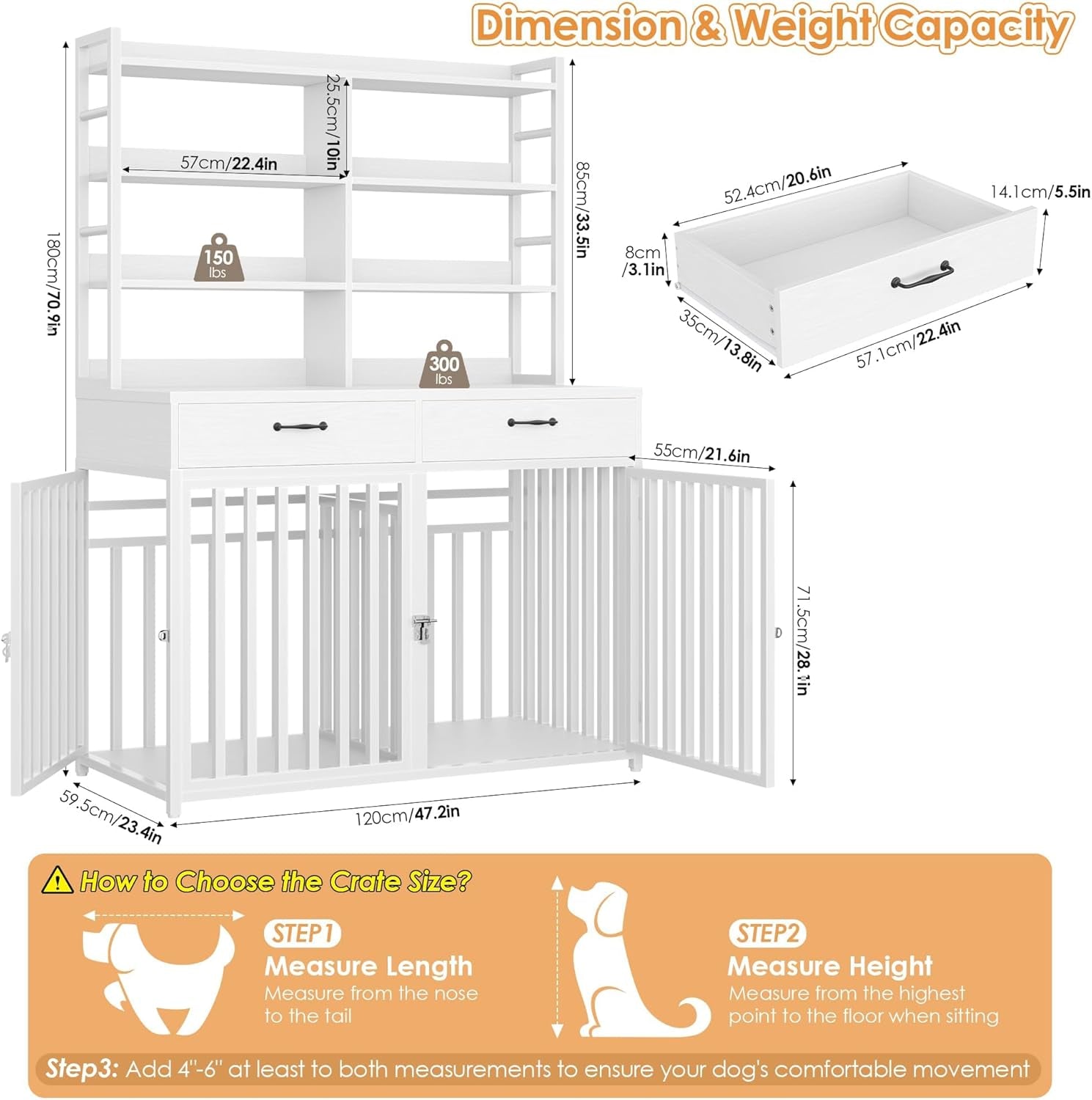 71''H X 47.2''W Large Dog Crate Furniture with 4-Tier Shelves and 2 Storage Drawers, Heavy Duty Dog Cage Furniture with 2 Doors, Wood & Metal Dog Kennel Indoor for Small/Medium/Large Dog, White