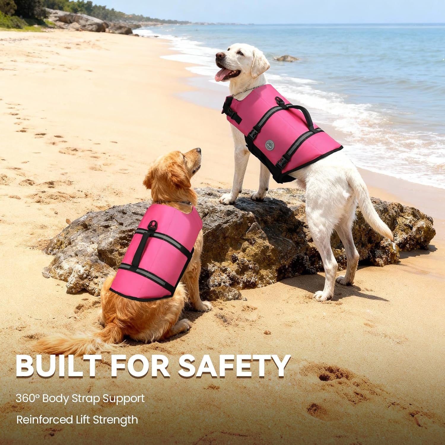 Dog Life Vest Rip Stop Dog Swim Vest, M, Pink | High Visibility Ripstop for Puppy Cat Doggy, Life Jacket with Handle & Leash Ring for Boating & Swimming