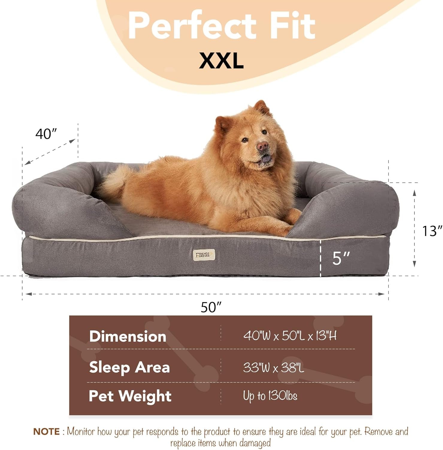 Orthopedic Dog Bed, Memory Foam Pet Sofa, Calming Dog Couch, Water Resistant Pet Bed, Washable Cover, Non-Slip Bottom, Chester, Grey, 50" X 40" X 13"