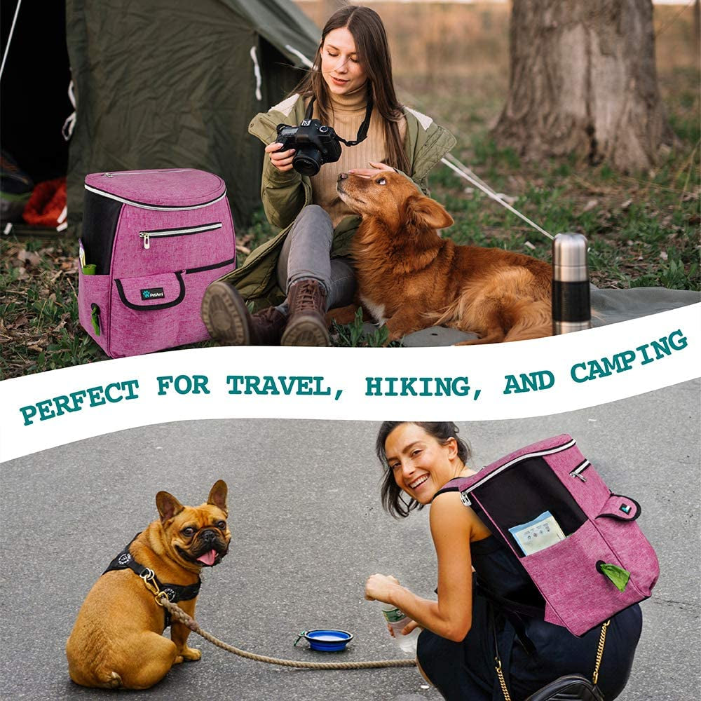 Dog Travel Backpack 27L Airline Approved Pet Supplies Bag, Pink | Cat Traveling Suitcase Organizer for Weekend Road Trip Camping; 2 Food Containers, 2 Collapsible Bowls & Poop Bag Dispenser
