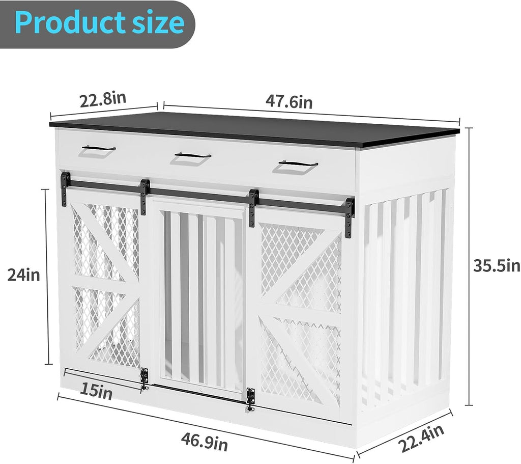 Large Dog Crate Furniture with Sliding Barn Door, 48" Wooden Dog Kennel Indoor End Side Table for Home Decor, Removable Divider, 3 Drawers, Furniture Style Dog Crate TV Stand