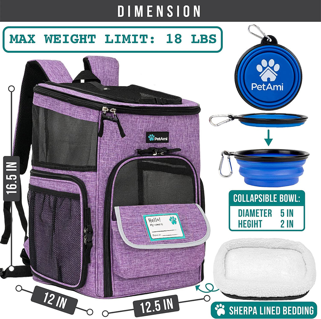 Dog Backpack Carrier, Airline Approved 4-Way Entry Cat Backpack Carrier, Ventilated Mesh, Collapsible Pet Carrier for Small Puppy, Kitten, Hiking, Travel Car, Vet, up to 18 Lbs, Purple