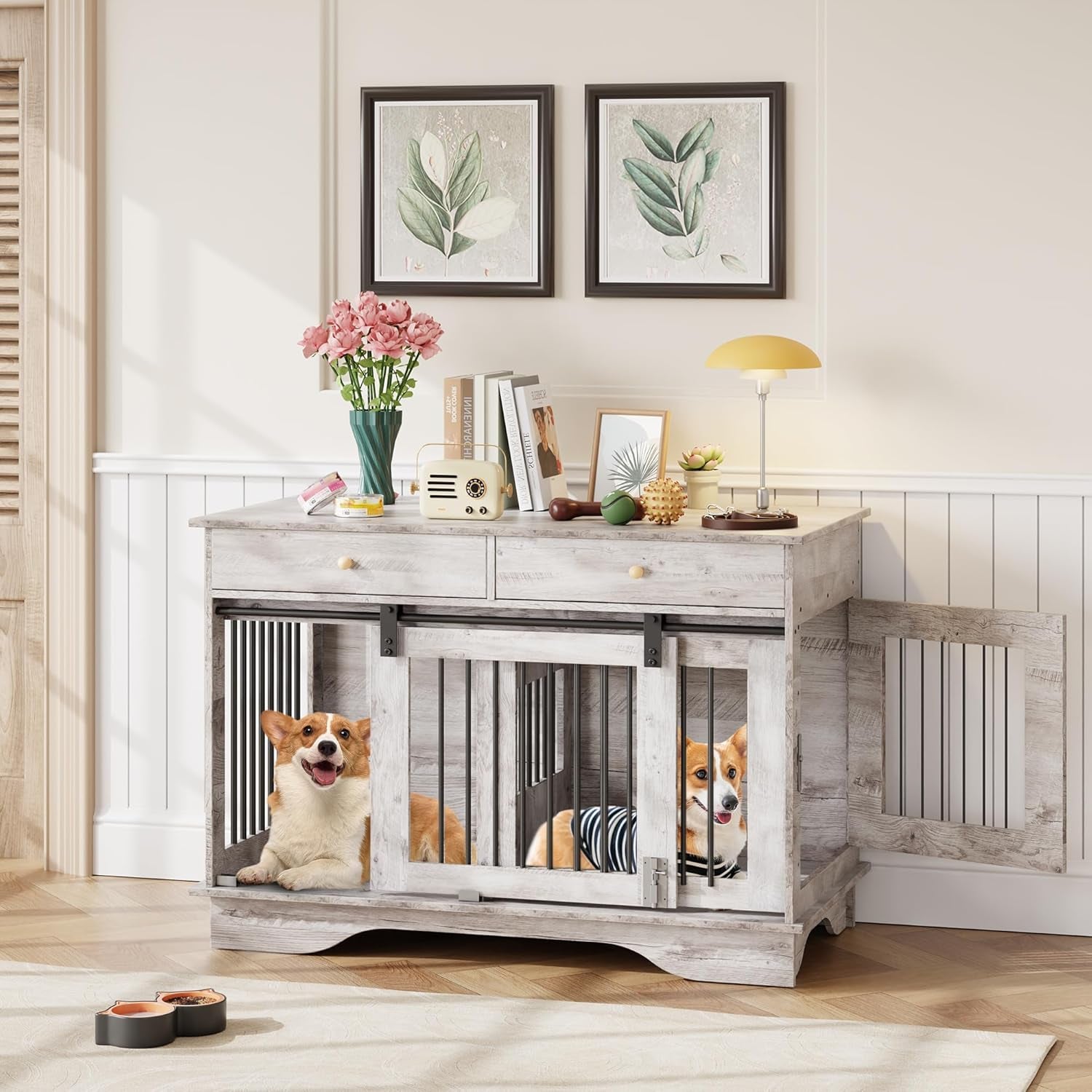 Dog Crate Furniture 2 Dogs, 47" Double Dog Kennel with Removable Divider | Double Dog Crate 2 Drawers, Decorative TV Stand Side Table, Indoor Pet Cage for Large/Medium/Small Dogs New Grey