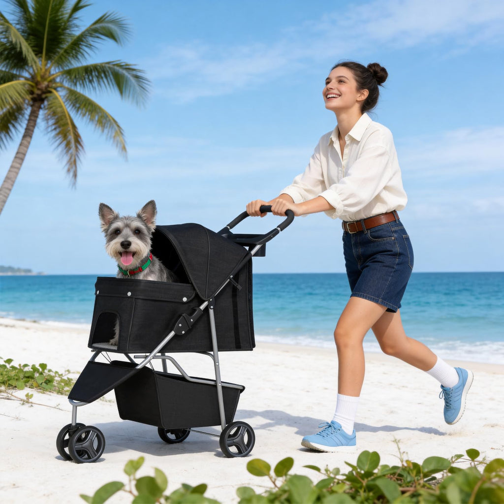 | 3-Wheel Pet Stroller | Dog and Cat Stroller | Breathable Mesh | Lightweight Travel Carrier | Waterproof & Foldable Design | Storage Basket | Black | for Daily Walks & Outdoor Use | Breathable Mesh | Lightweight, Waterproof Travel Carrier with Cup Holder & Storage Basket | for Daily Walks & Outdoor Use