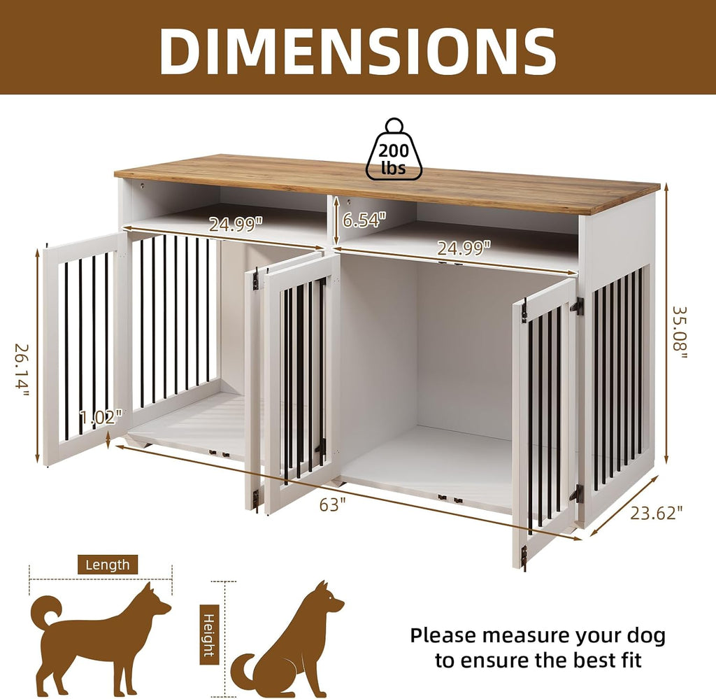 63'' Dog Crate Furniture for 2 Dogs, Wooden Dog Cage with Storage Compartment, Indoor Dog Kennel with 4 Doors for Large/Medium Dogs, White