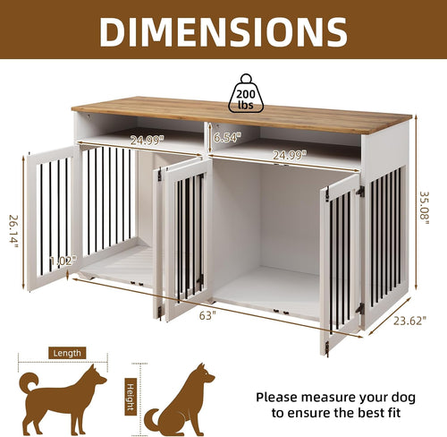 63'' Dog Crate Furniture for 2 Dogs, Wooden Dog Cage with Storage Compartment, Indoor Dog Kennel with 4 Doors for Large/Medium Dogs, White