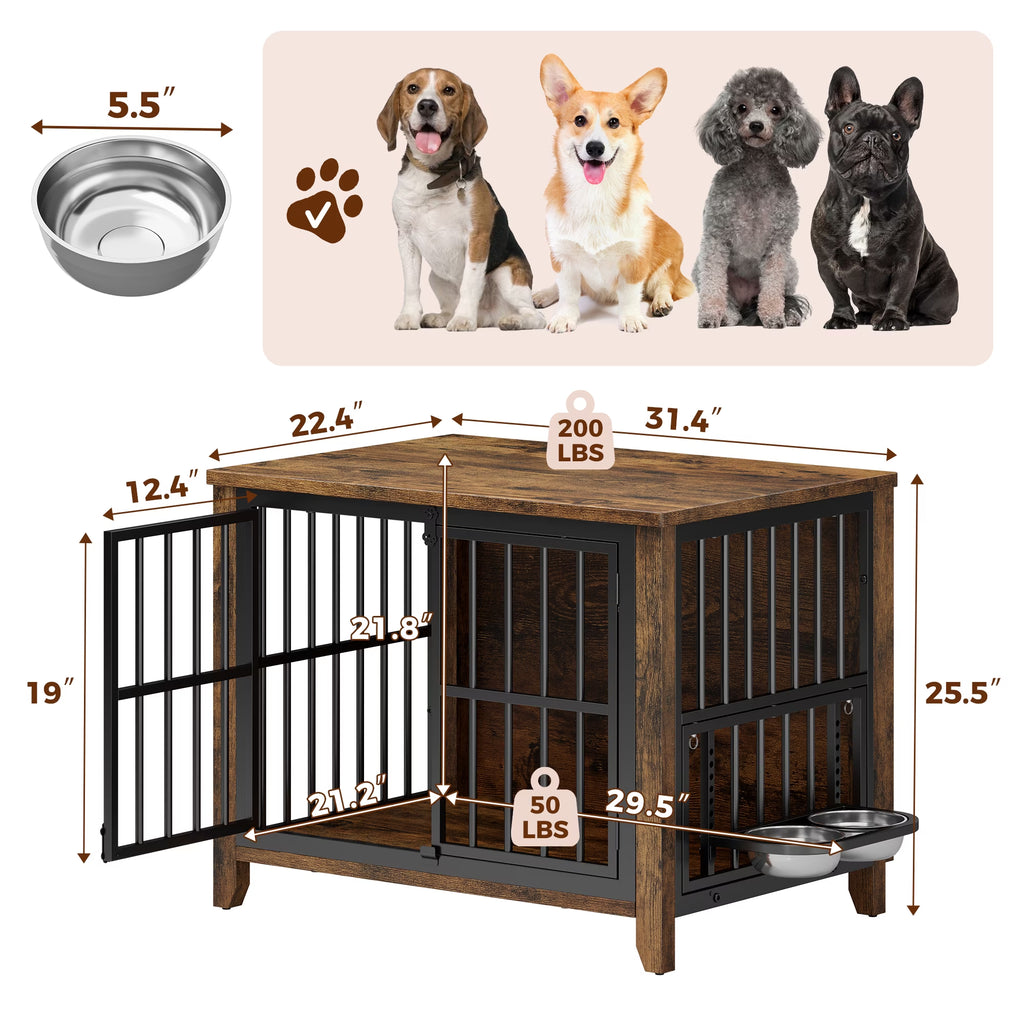 Dog Crate Furniture with 2 Adjustable Dog Bowls, Dog Kennel Indoor with Lockable Doors, 32" Pet Carrier House for Medium, Brown