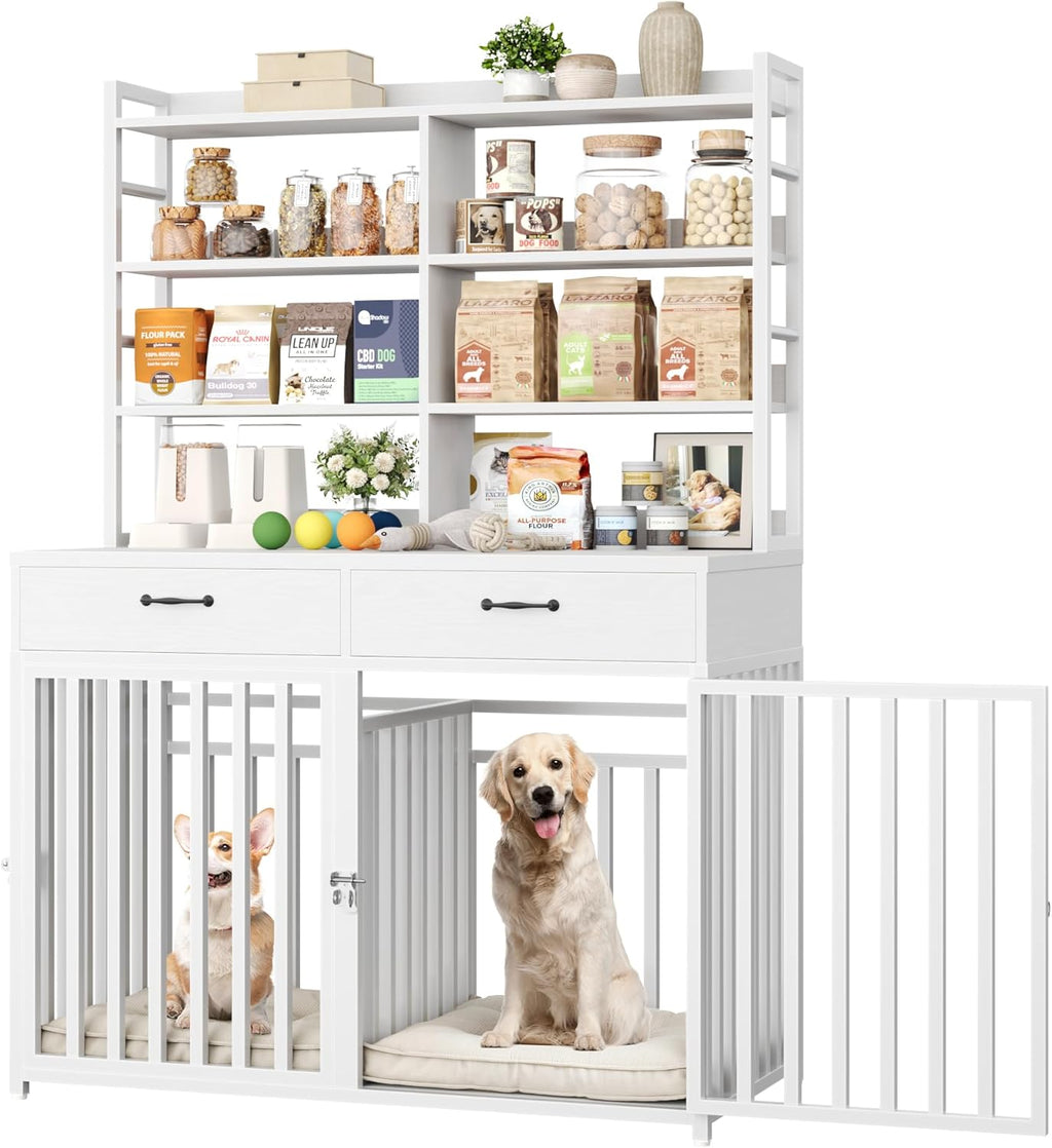 71''H X 47.2''W Large Dog Crate Furniture with 4-Tier Shelves and 2 Storage Drawers, Heavy Duty Dog Cage Furniture with 2 Doors, Wood & Metal Dog Kennel Indoor for Small/Medium/Large Dog, White