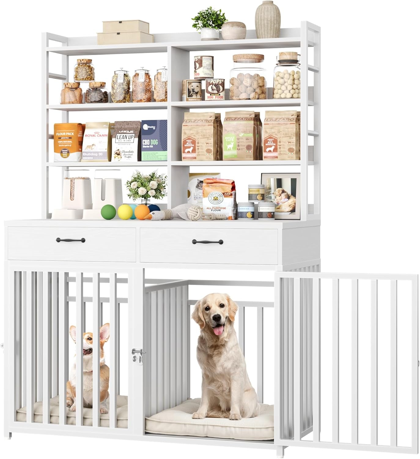 71''H X 47.2''W Large Dog Crate Furniture with 4-Tier Shelves and 2 Storage Drawers, Heavy Duty Dog Cage Furniture with 2 Doors, Wood & Metal Dog Kennel Indoor for Small/Medium/Large Dog, White