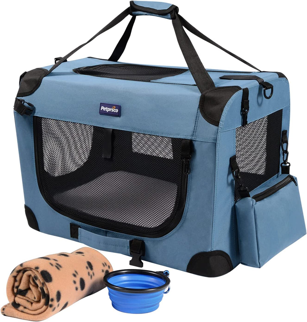 Portable Collapsible Dog Crate, 24" Soft Dog Crate for Car Travel | Includes Mat, Blanket & Bowl, Strong Fabric, 4-Sided Mesh Vents, 3 Doors, Fit Small Dogs & Large Cats Indoor and Outdoor Use