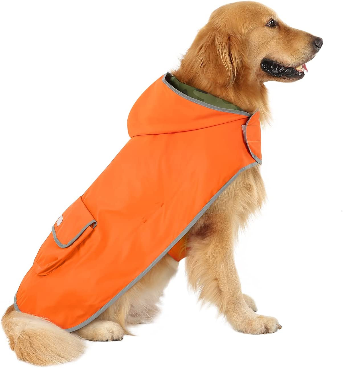 Reversible Hooded Dog Raincoat Slicker Poncho for Small Medium Large Dogs - Camo Orange - L - Polyester